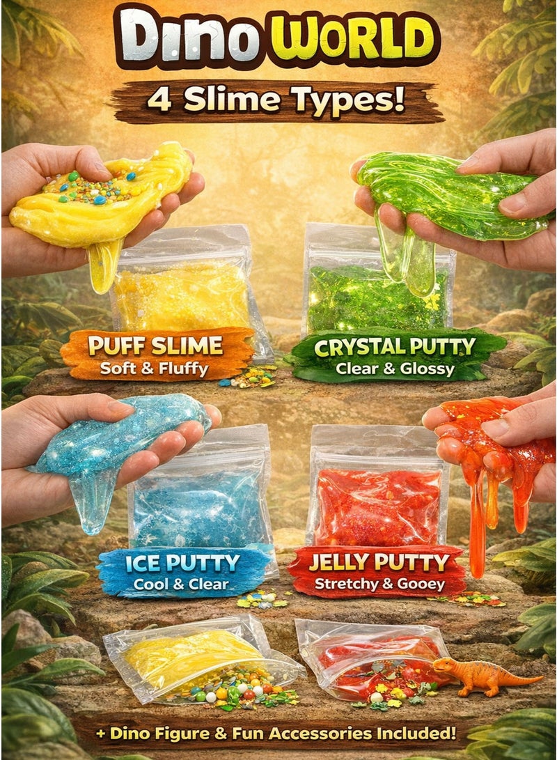 Greateam Dino World Fun Dinosaurs Slime Set for Kids 3+ Years 4 Texture DIY Slime Kit with 58-60G Yellow Puff Slime 43-45G Green Crystal Putty 43-45G Blue Ice Putty 43-45G Red Jelly Putty Mix & Create Sensory Stretchy Slime with Foam Beads Dino Shape Sequins Leaf Accessories & 1 Dinosaur Figure EN71 Certified Non-Toxic EU Toy Safety Standard Educational Learning Toy Gift for Boys & Girls Extended Play Blister Pack - Image 2